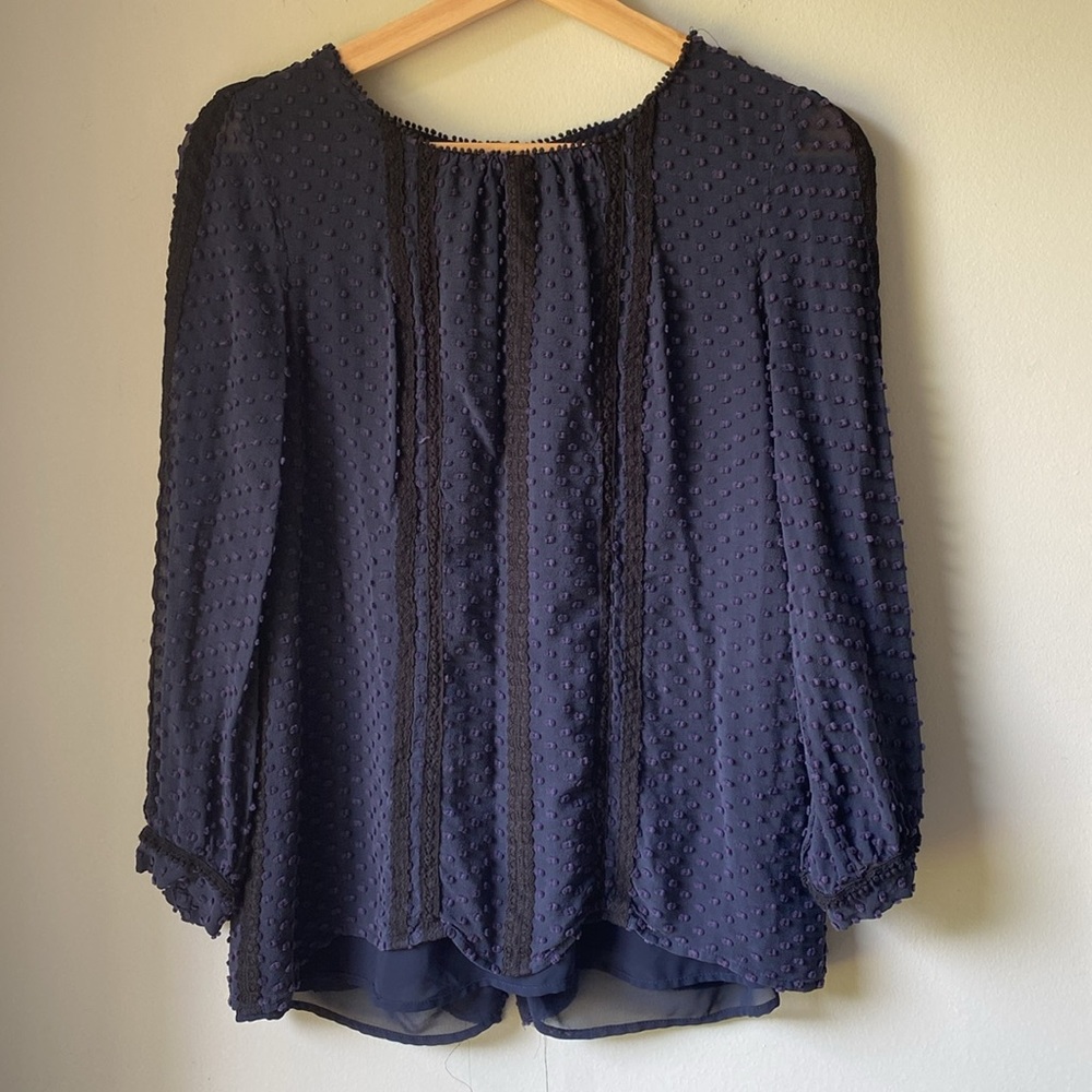 J. Crew Navy Blue Swiss Dot Blouse Peasant Keyhole Preppy Sheer